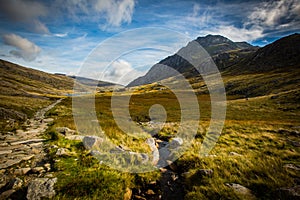 Mountain path leading to lake at Cwm Idwal, Llyn Idwal, Ogwen Valley, Snowdon, wales