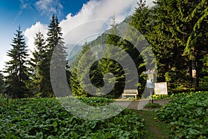 Mountain path with sign and seat