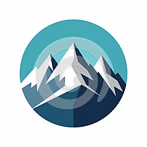 A mountain peak covered in snow encircled by a blue circle under a cool color palette, Snow-capped mountain range in a cool color