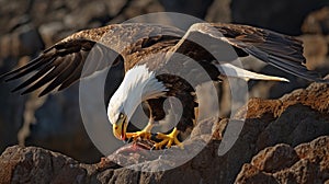 On a mountain peak, a fierce eagle rips into meat with powerful talons, eyes keen, predatory prowess