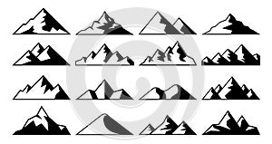 Mountain peak icon. Tibet mountains, berg hills tops and everest hill landscape vector icons set