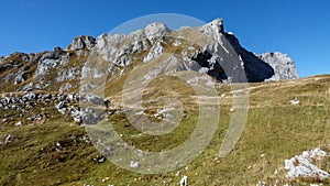 Mountain peak on Mangart saddle in Slovenia in Autumn