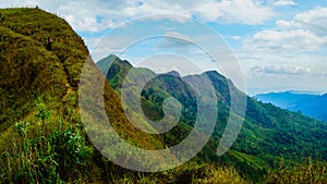 Mountain peak range landscape.  Green mountain range view. Mountain peak blue sky white clouds panorama