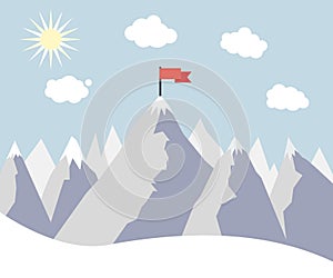 Mountain Peak with Red Flag. Vector