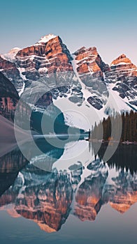 Mountain peak reflection in clear lake at sunrise