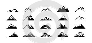 Mountain peak silhouettes. Black hills, top rocks. Mountains symbols, extreme sport hiking climbing travel or adventures