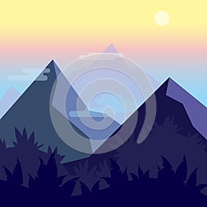 Mountain peak silhouettes scenery. Scenic night landscape flat style illustration. Vector square background clipart for