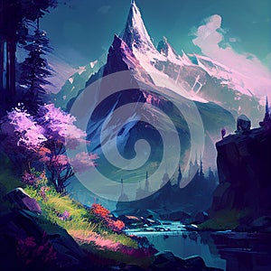 Mountain Peak and Valley Pink Flowers Landscape DND Roleplaying Environment Concept Ice Water Snow Generative AI