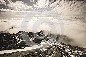 Mountain peak view from Krivan in slovakia - vintage retro look