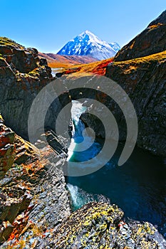 Mountain peak, waterfall