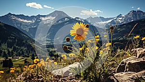 Mountain peak, wildflower meadow, sunflower blossom, tranquil sunset over landscape generated by AI