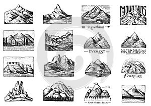 Mountain peaks badges. Set of labels for camping, hiking and hunting. Retro Outdoor adventures logo. Hand drawn engraved