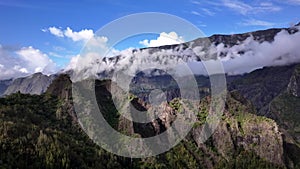 Mountain peaks in the Cirque of Cilaos on Reunion Island drone view