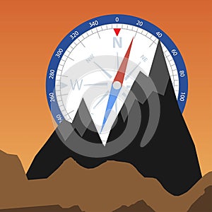 Mountain peaks with compass, outdoors adventure