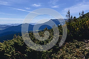 Mountain peaks with greenery and snow in Carpathians