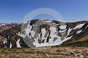 Mountain peaks with greenery and snow in Carpathians