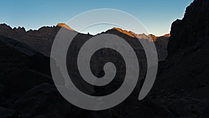 Mountain peaks of High Atlas mountains at sunrise in Toubkal national park, Morocco