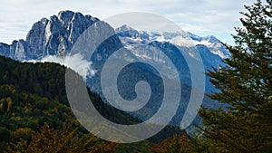 Mountain peaks of the Julian Alps from Mangart panorma road in Slovenia in Autumn