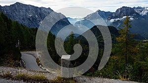 Mountain peaks of the Julian Alps from Mangart panorma road in Slovenia in Autumn