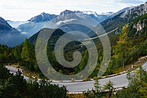 Mountain peaks of the Julian Alps from Mangart panorma road in Slovenia in Autumn