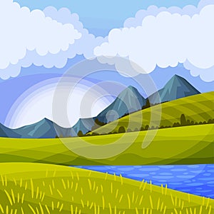 Mountain Peaks, Lake and Grassy Hills as Green Landscape Vector Illustration