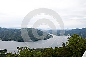 Mountain peaks and lakes combine to form a majestic landscape photo