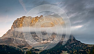 Mountain peaks of Langkofel or Saslonch, mountain range  in the dolomites during sunrise, South Tyrol, Italy