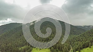 Mountain peaks and morning sky with smooth moving clouds. Summer landscape paeceful valley trees in the meadow at