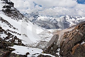 Mountain peaks ridge, lake, Cordillera Real, Bolivia.