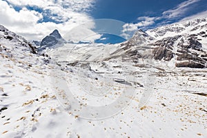 Mountain peaks ridge, lake, Cordillera Real, Bolivia.