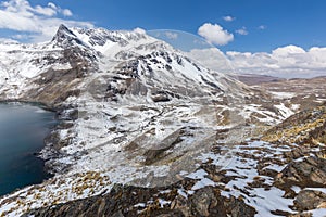 Mountain peaks ridge, lake, Cordillera Real, Bolivia.