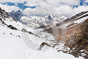 Mountain peaks ridge, lake, Cordillera Real, Bolivia.