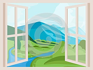 Mountain Peaks and River. Open Window with a Landscape View