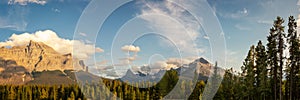 Mountain peaks at sunset, view from Icefields Parkway in Banff National Park, Alberta, Rocky Mountains Canada