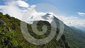 Mountain peaks of Suva Planina at sunny morning covered with clouds