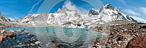 Panorama of lake and mountain peaks Torres del Avellano in Patagonia, Chile photo