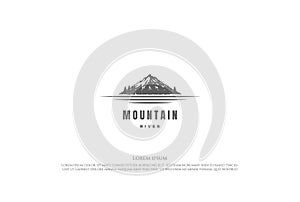 Mountain with Pine Cedar Conifer Cypress Evergreen Tree Forest and Lake River Creek Logo Design Vector