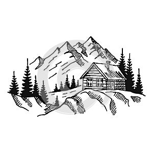 Mountain with pine trees and country house landscape black on white background. Hand drawn rocky peaks in sketch style. Vector