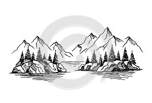 Mountain with pine trees and lake landscape. Hand drawn illustration converted to vector