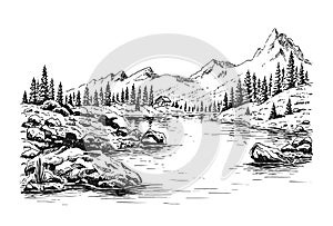 Mountain with pine trees and lake landscape. Hand drawn illustration converted to vector