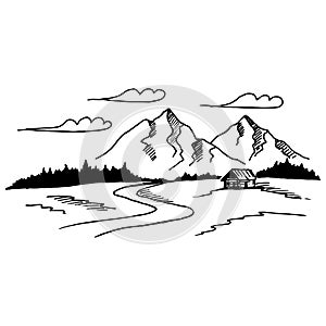Mountain with pine trees and landscape black on white background. Hand drawn rocky peaks in sketch style. Vector