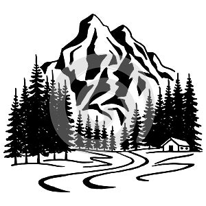 Mountain with pine trees and landscape black on white background. Hand drawn rocky peaks in sketch style. Vector