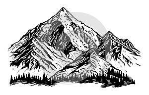 Mountain with pine trees and landscape black on white background. Hand drawn rocky peaks in sketch style. Vector illustration