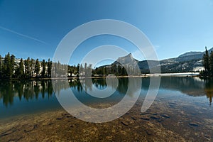 Mountain and pine trees reflecting on alpine lake
