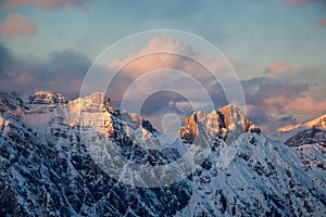 Mountain portrait Birnhorn Saalbach sunset purple light clouds reflecting the mountainscape