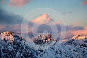 Mountain portrait Birnhorn Saalbach sunset purple light clouds reflecting the mountainscape