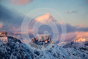 Mountain portrait Birnhorn Saalbach sunset purple light clouds reflecting the mountainscape