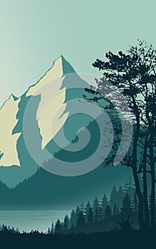 Mountain portrait landscape river forest woods scenary vector background book cover portrait wall artwork poster