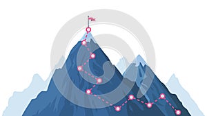 Mountain progression path. Climbing progress route, mountain peak overcoming, mountain climbing path with red flag on