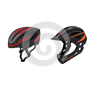 Mountain race bike and cruiser bycicle helmet realistic set. Extreme sports safety equipment. Head protection. Isolated vector